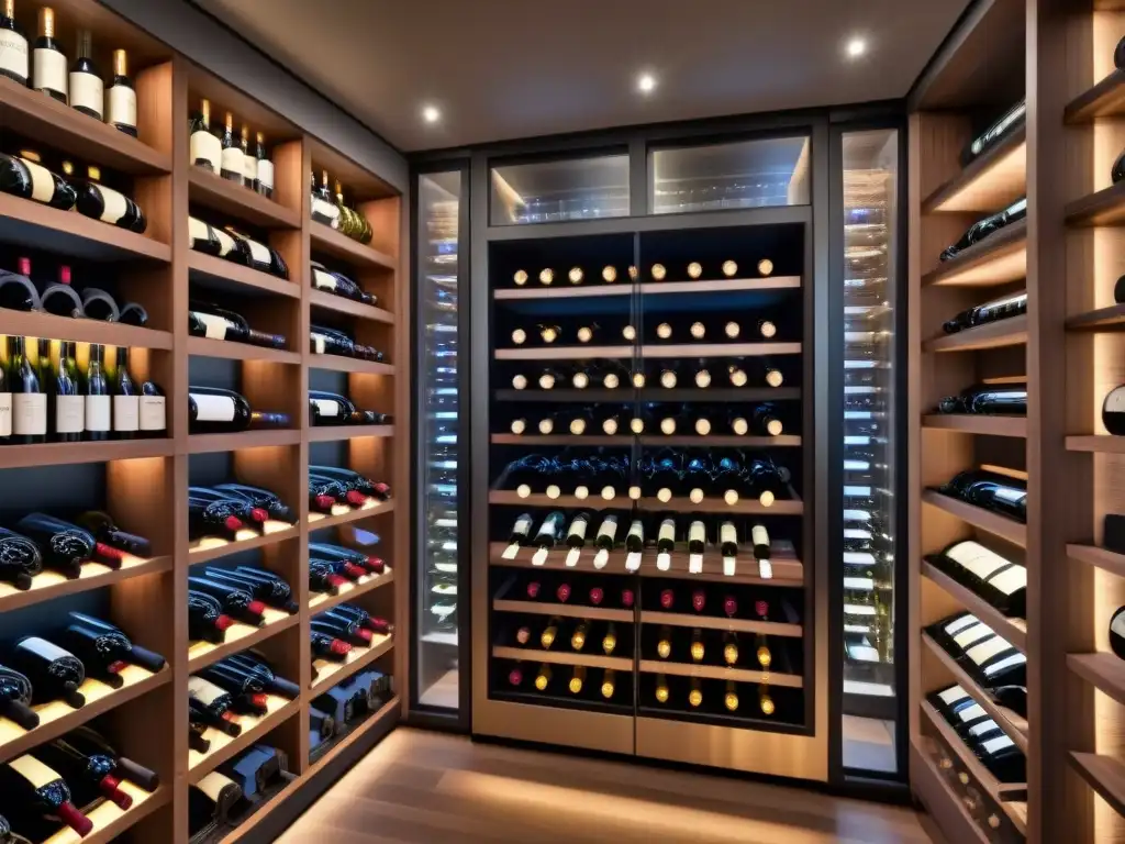 Vinoteca de lujo con vinos premium en 8k Inversión en vino mercado inmobiliario: Bodega moderna con vinos premium de lujo, iluminación elegante y exclusividad