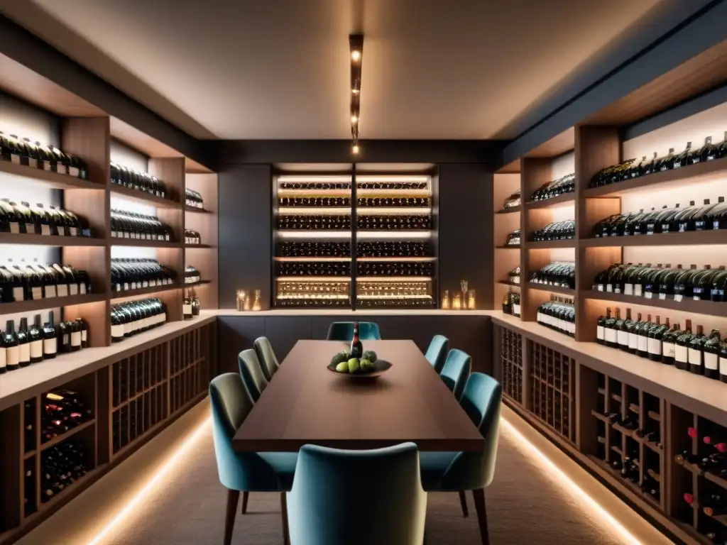Exclusiva bodega de vinos: lujo y sofisticación en 8k Inversión en vino mercado inmobiliario: Sofisticada bodega con vinos premium organizados en elegantes estantes iluminados