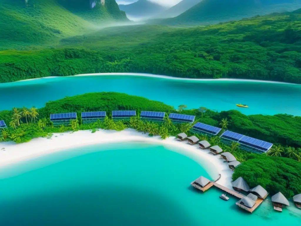 Paraíso ecofriendly: resort sostenible en la jungla Una visión aérea detallada de un complejo turístico ecológico entre aguas turquesas y selva verde vibrante