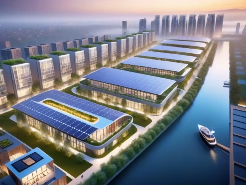 Desarrollo inmobiliario sostenible del futuro: innovación urbana Una visión aérea impresionante de un desarrollo inmobiliario integrado de vanguardia, con edificios modernos, espacios verdes y tecnología inteligente