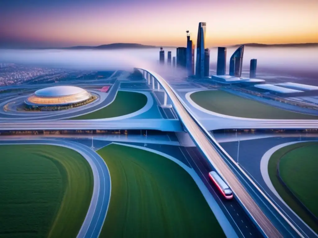 Frontera futurista entre países: Infraestructura innovadora y arquitectura vanguardista Una visión aérea impresionante de un moderno punto de cruce fronterizo entre dos países, con arquitectura futurista