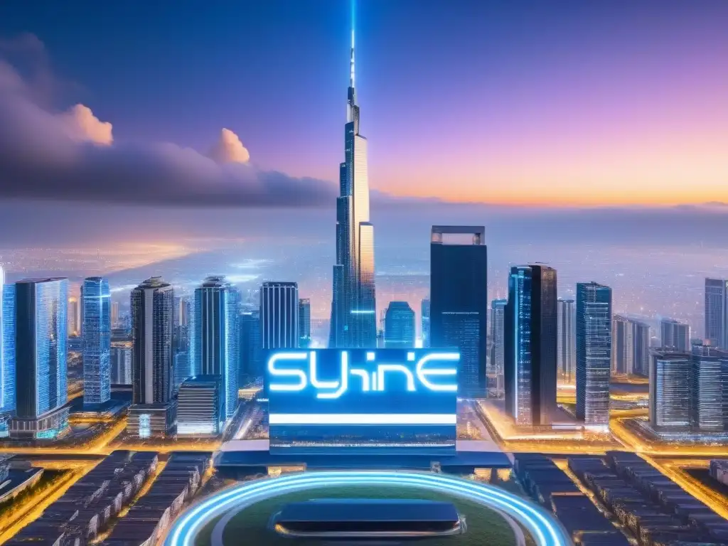 Metrópolis futurista: fusión real estate y criptomonedas Una visión futurista de una ciudad integrando criptomonedas en inversión inmobiliaria internacional