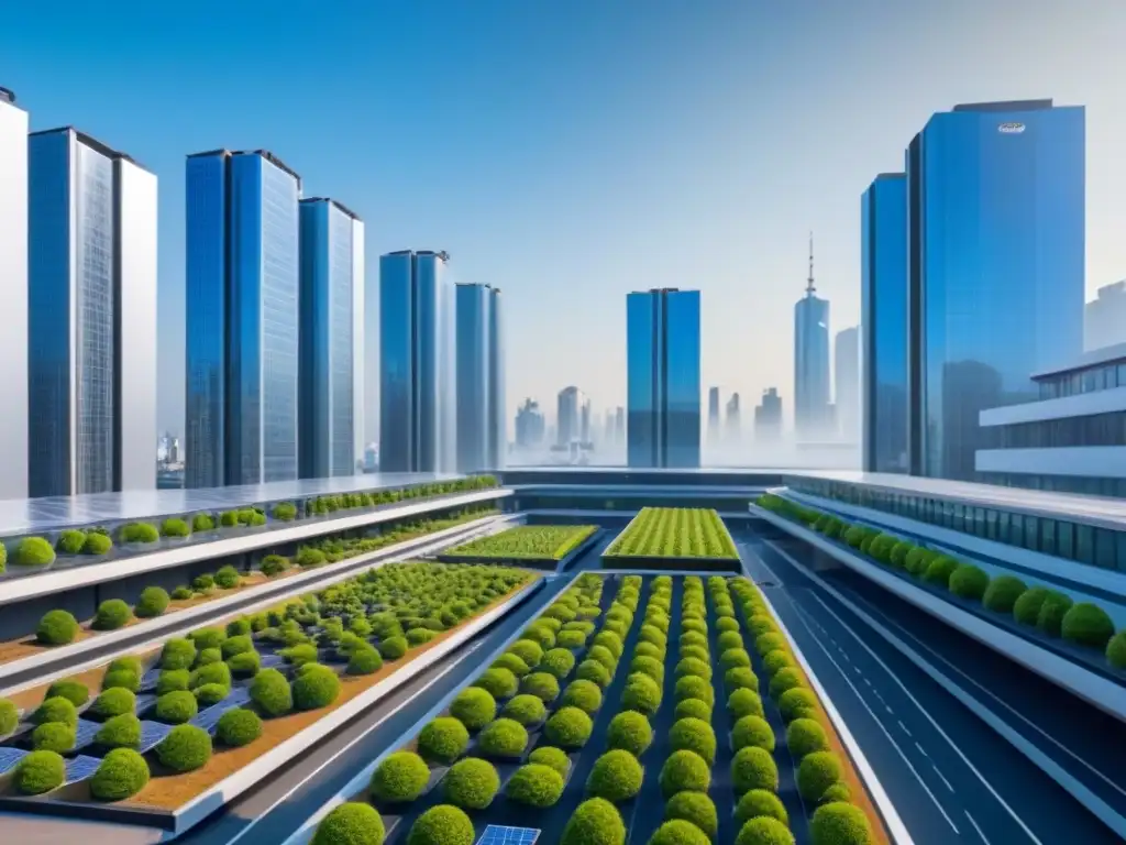 Una visión futurista de una ciudad con edificios energéticamente eficientes y sostenibles, reduciendo la huella de carbono