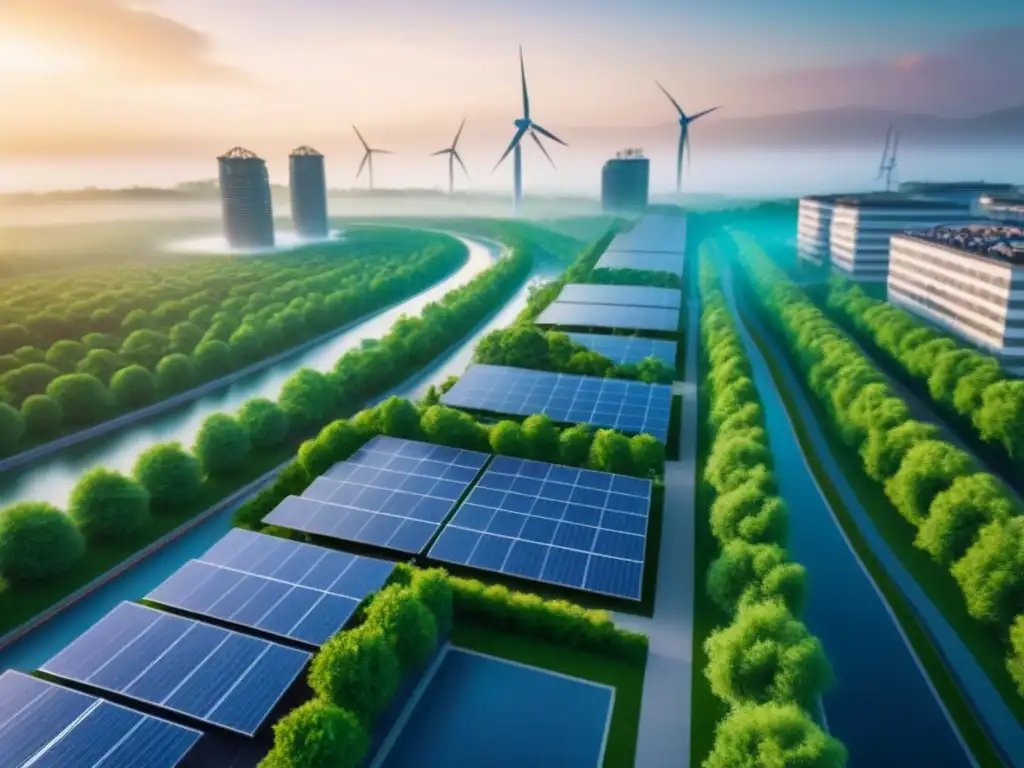Metrópolis futurista con infraestructura verde y sostenible Una visión futurista de una ciudad con infraestructura verde integrada, simbolizando Terrenos sin desarrollar sostenibles