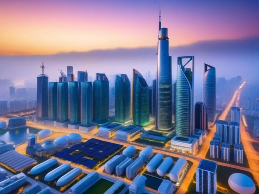 Horizonte futurista: arquitectura innovadora y sostenible en ciudad global Una visión futurista de una ciudad con innovadoras tecnologías sostenibles
