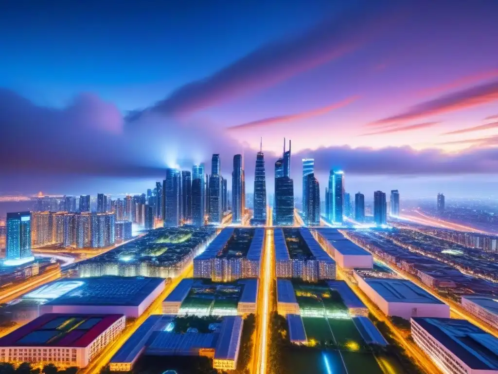 Metrópolis futurista: arquitectura vibrante y tecnología verde en REITs Una visión futurista de la ciudad de noche con rascacielos iluminados y un paisaje urbano tecnológico