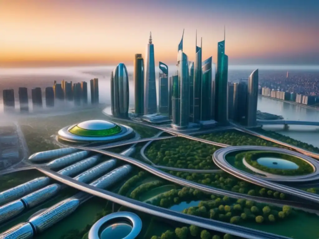 Metrópolis futurista: arquitectura innovadora y transporte avanzado en una ciudad 8k Una visión futurista de una ciudad con rascacielos de vidrio y acero, transportes avanzados y espacios verdes
