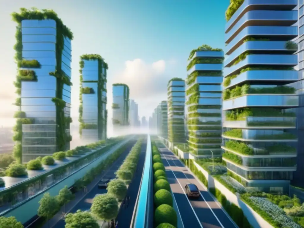 Metrópolis futurista: arquitectura innovadora y naturaleza integrada Una visión futurista de la ciudad: rascacielos verdes, transporte avanzado y comunidad diversa