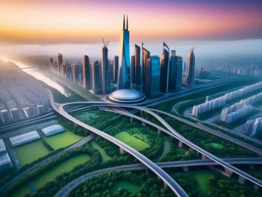 Visión futurista de una ciudad próspera y sostenible Una visión futurista de una ciudad próspera con rascacielos innovadores, espacios verdes y eficiente transporte público
