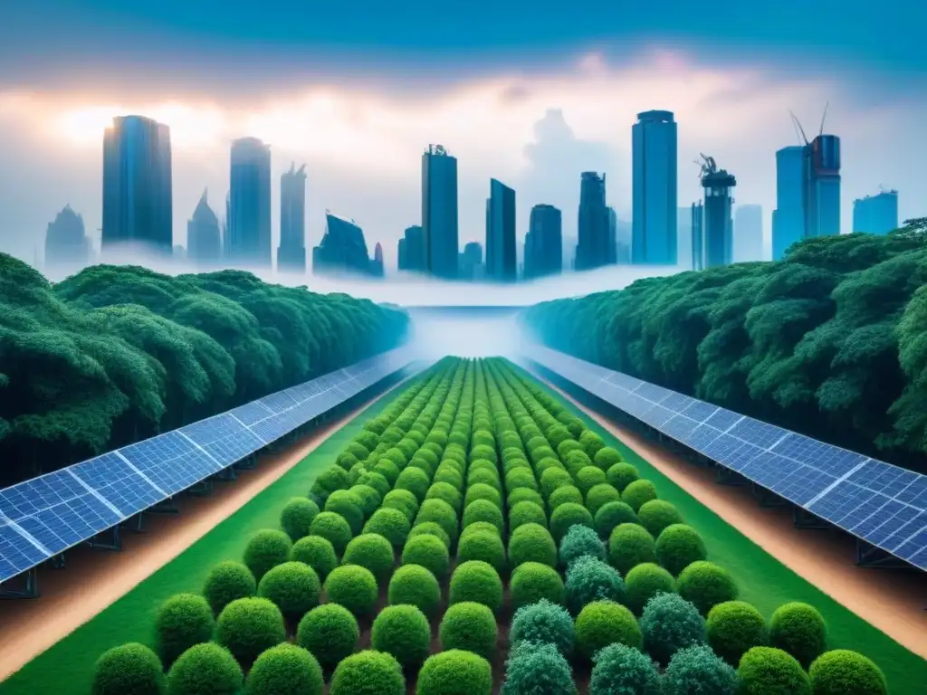 Metrópolis futurista sostenible: ecoactividades en ciudad verde Una visión futurista de una ciudad sostenible con rascacielos verdes y energías renovables, impacto cambio climático inversión inmobiliaria