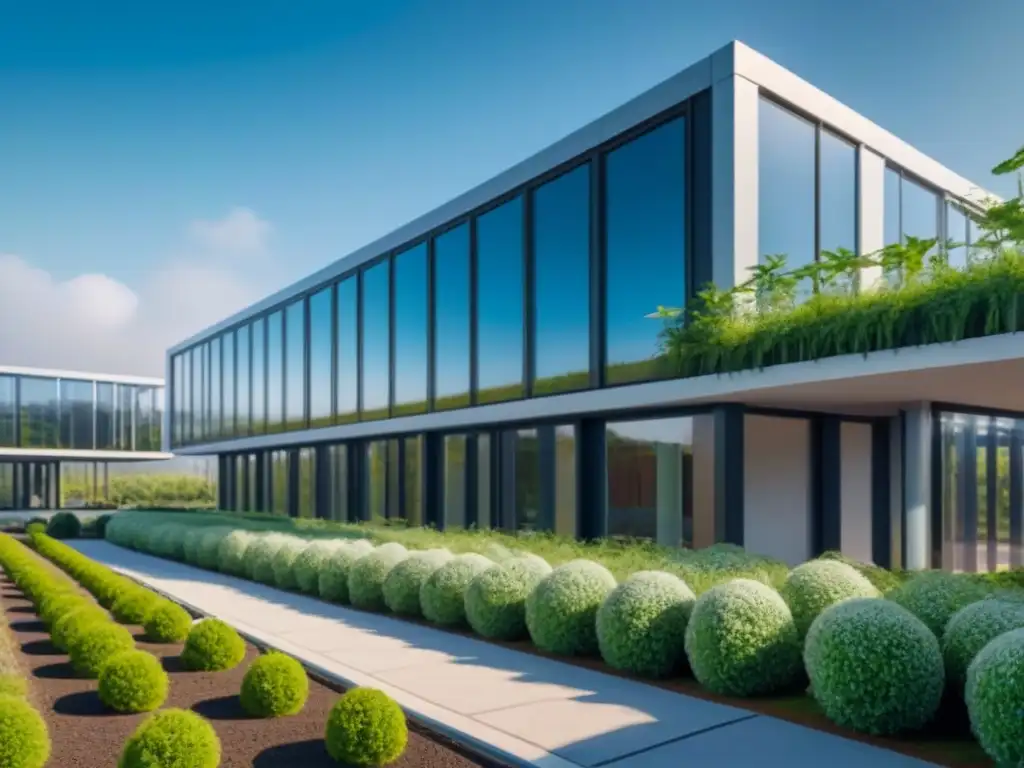 Complejo futurista modular: arquitectura innovadora y sostenible Una visión futurista de un complejo de edificios modulares, destacando su arquitectura geométrica con vidrio, acero y vegetación