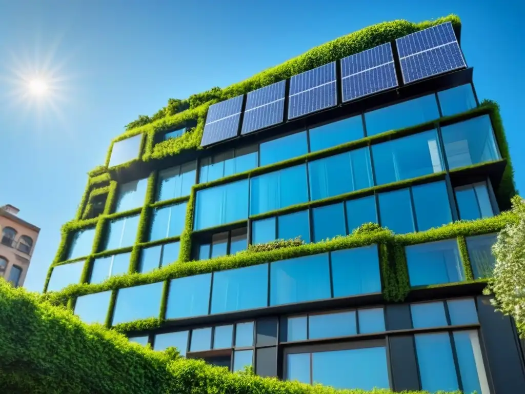Edificio verde futurista: diseño sostenible en la ciudad Una visión futurista y detallada de un edificio verde con paneles solares, vegetación exuberante y ventanales reflectantes bajo un cielo azul
