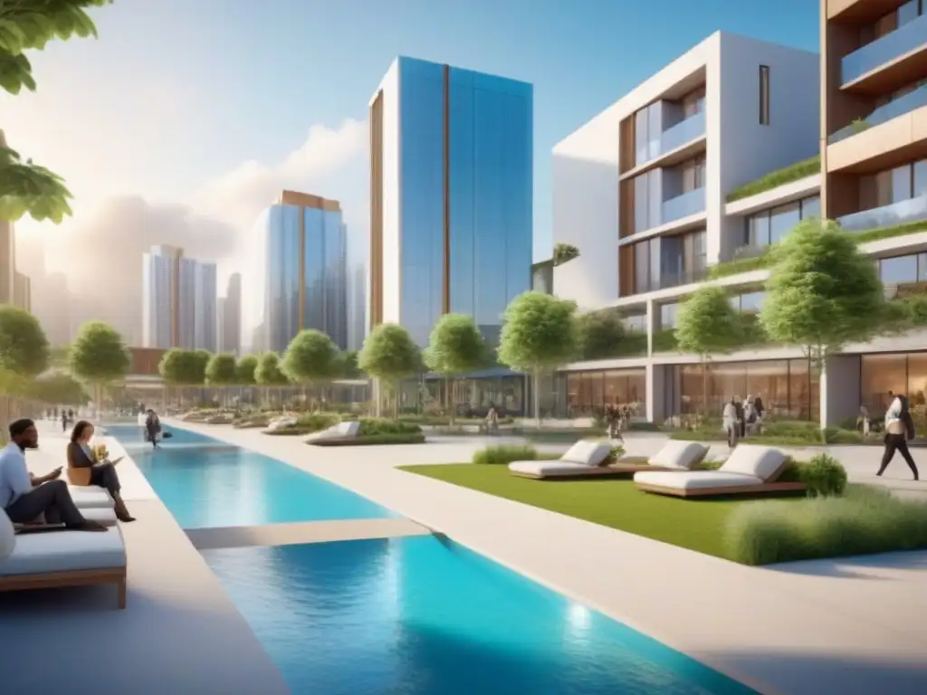 Innovación inmobiliaria: Futuro integrado en 8k Una visión futurista de inversiones inmobiliarias internacionales integradas, con modernos edificios y espacios verdes vibrantes
