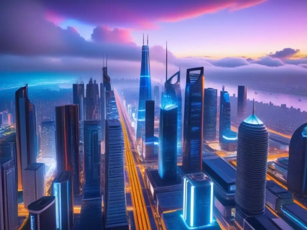 Visión futurista: Ciudad 8k con rascacielos de vidrio y tecnología avanzada Una visión futurista de inversiones inmobiliarias internacionales análisis predictivo en una ciudad avanzada con rascacielos de vidrio y luces de neón