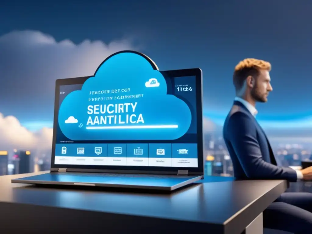 Interfaz futurista de gestión inmobiliaria integrada con nube de datos Una visión futurista de plataformas en la nube seguridad integradas en una interfaz de gestión inmobiliaria moderna