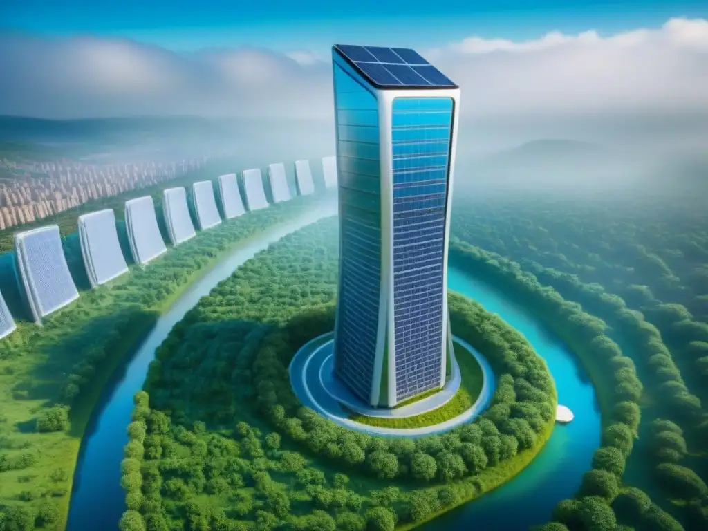 Eco rascacielos futurista: diseño sustentable Una visión futurista de un rascacielos sostenible rodeado de vegetación, integrando tecnologías verdes
