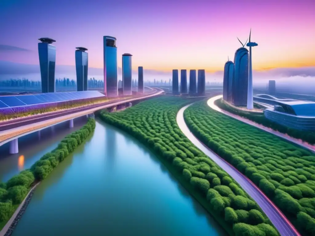 Metrópolis futurista sostenible: armonía entre naturaleza y tecnología Una visión impactante del futuro: una ciudad futurista sostenible con arquitectura verde y tecnología avanzada, en armonía con la naturaleza