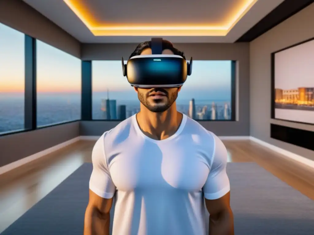 Inmersión total: Realidad virtual de lujo para inversores Inmersión en visita inmobiliaria con Realidad Virtual: Grupo de inversionistas explorando lujosa propiedad en 3D