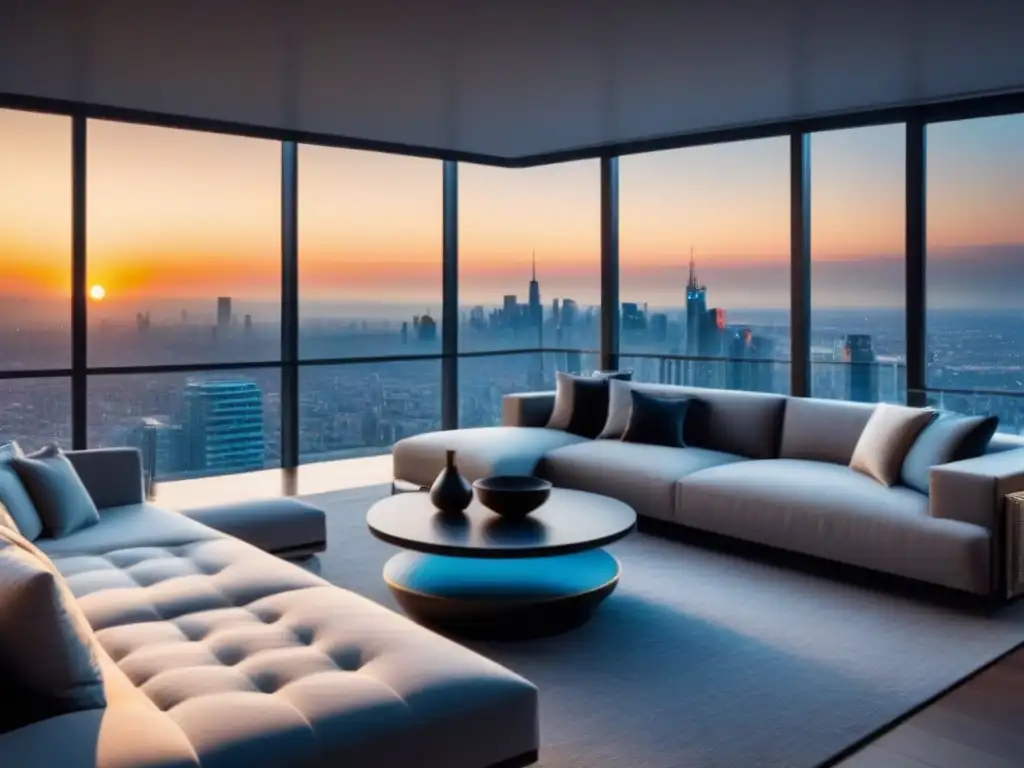 Penthouse de lujo con vista panorámica de ciudad al atardecer Visitas virtuales propiedades alta gama: Sala de estar lujosa con vista panorámica a la ciudad al atardecer, elegante y sofisticada