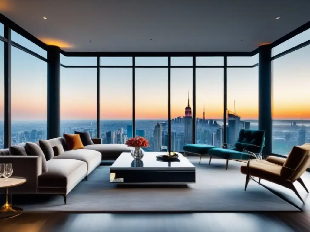 Salón penthouse de lujo con vistas panorámicas y mobiliario contemporáneo Visitas virtuales propiedades alta gama: Sala de estar de lujo con vistas panorámicas a la ciudad, muebles elegantes y ambiente cálido