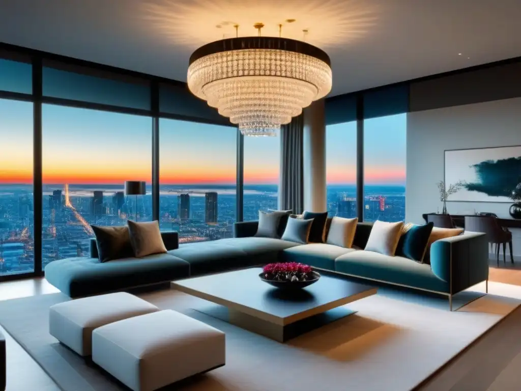 Salón de lujo con vistas panorámicas en propiedad de alto nivel Visitas virtuales propiedades alta gama: sala moderna lujosa con vista panorámica urbana y elegante mobiliario contemporáneo
