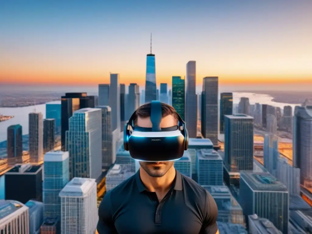 Realidad virtual revoluciona mercado inmobiliario en Norteamérica Visión futurista de visitas virtuales propiedades Norteamérica en VR con rascacielos y elementos digitales