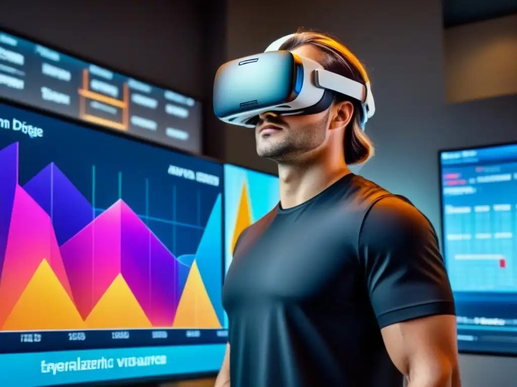 Realidad virtual futurista: datos inmobiliarios en alta resolución Un visor de realidad virtual futurista muestra datos visuales sobre tendencias del mercado inmobiliario
