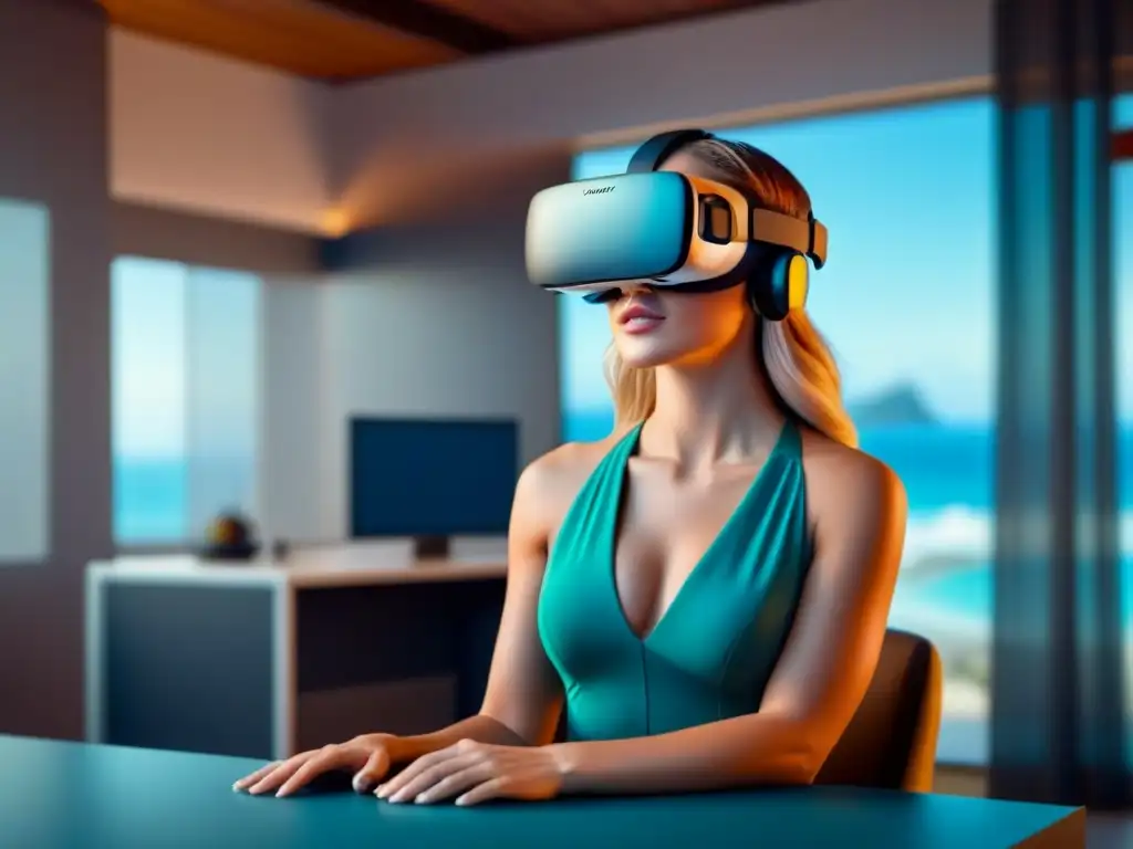 Visor de realidad virtual: inmersión total en lujo Visor de realidad virtual en mesa futurista, reflejando tour virtual