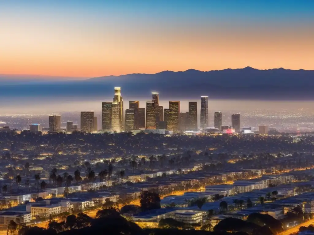Espléndido atardecer en Los Ángeles: Skyline dorado y estilo de vida lujoso Vista aérea de Los Ángeles al atardecer, resaltando sus propiedades de lujo en ciudades internacionales