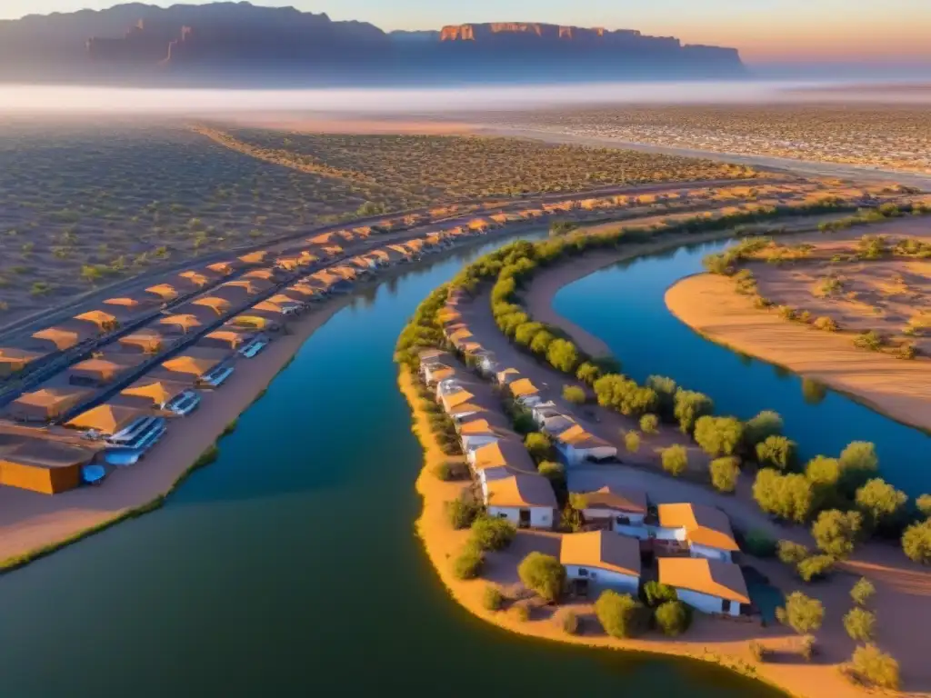 Paisaje fronterizo: contraste entre modernidad y tradición al atardecer Vista aérea de un animado pueblo fronterizo al atardecer, con desarrollo inmobiliario en mercados fronterizos