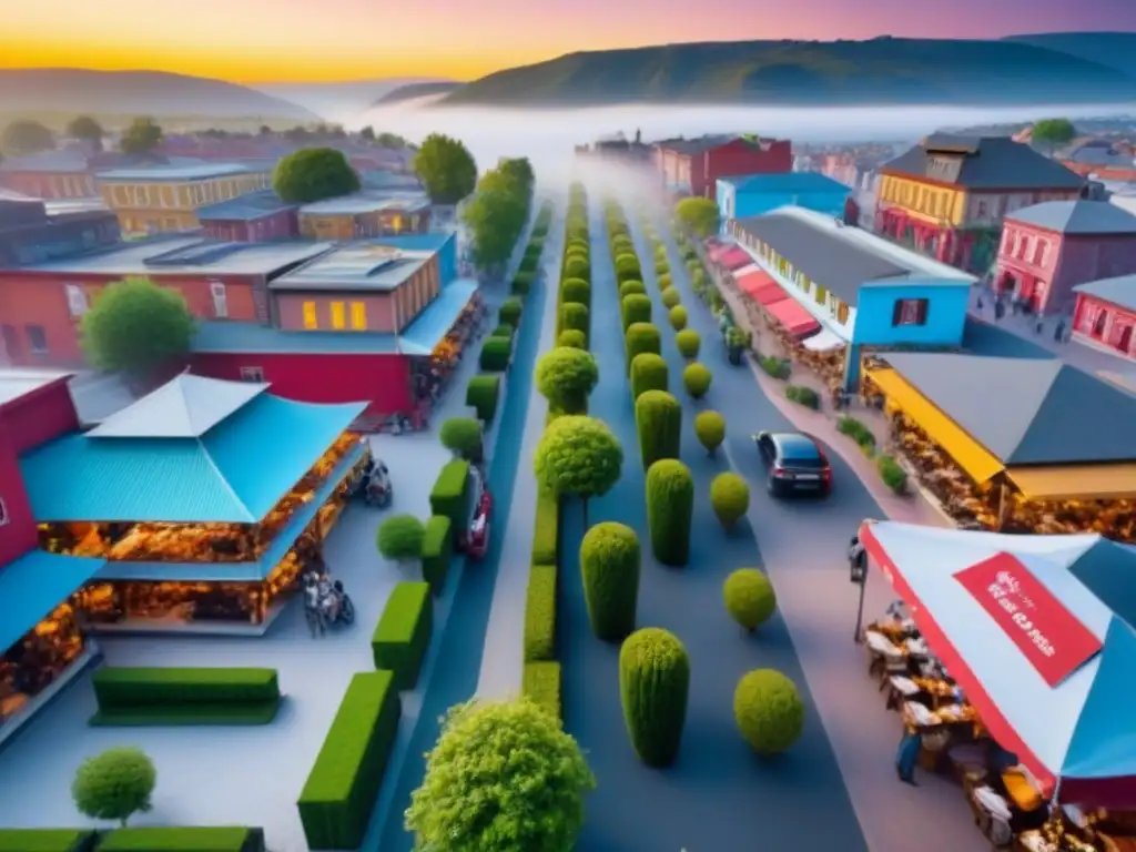 Vista aérea de un animado pueblo fronterizo al atardecer, con un mercado bullicioso y edificios coloridos