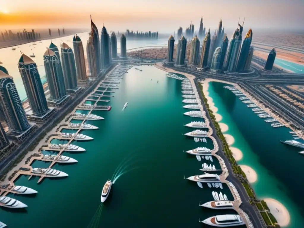 Esplendor urbano: Dubai Marina skyline yates lujo Vista aérea de Dubai Marina: arquitectura futurista, rascacielos, yates de lujo