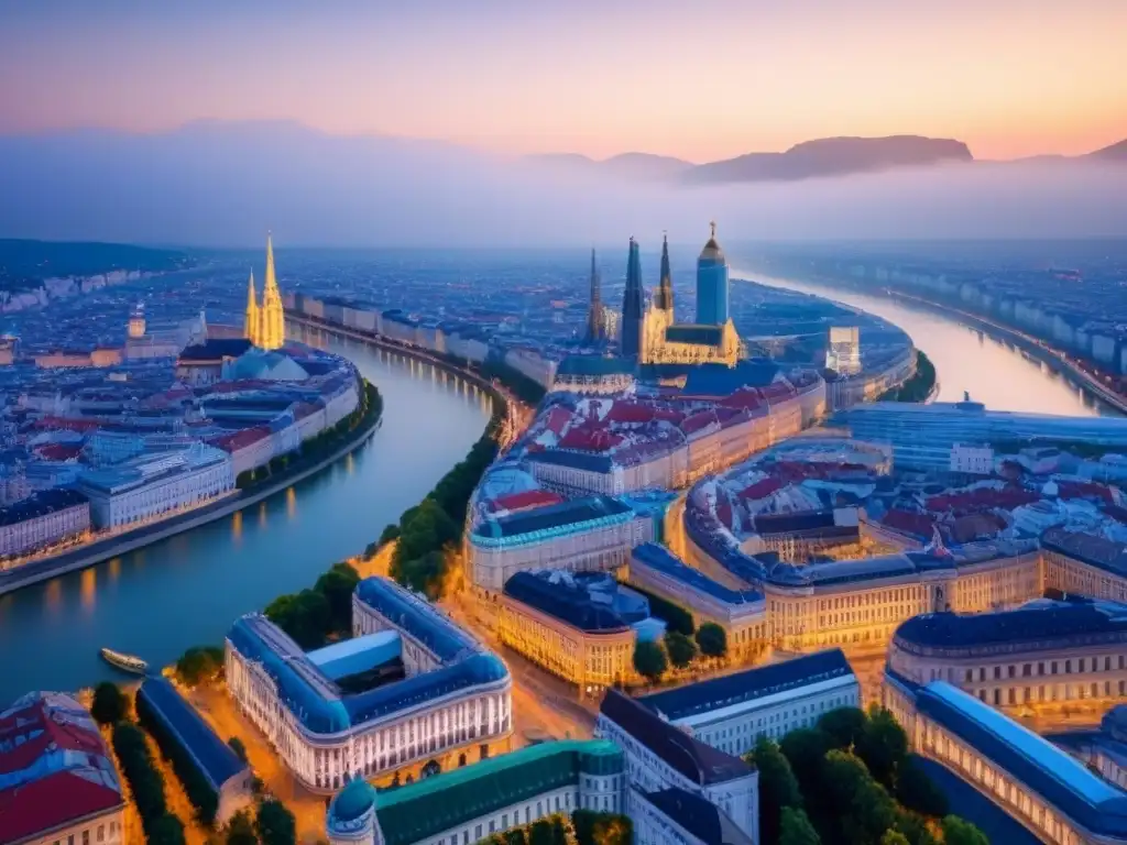 Vienna: fusión arquitectónica entre tradición y modernidad Vista aérea de Viena: mezcla de arquitectura histórica y rascacielos, con el río Danubio, reflejando las políticas de inversión en Viena