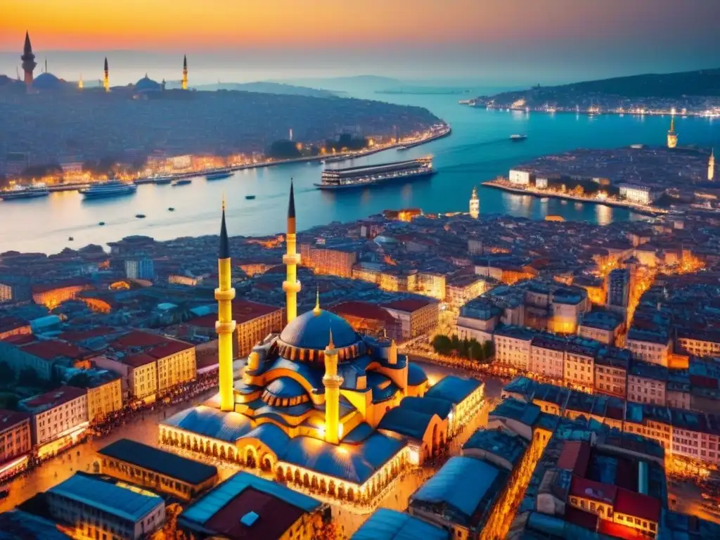 Espléndida vista aérea de Estambul: mezcla de historia y modernidad en Turquía Vista aérea de Estambul, Turquía, mezcla de arquitectura otomana y rascacielos modernos frente al Bosforo