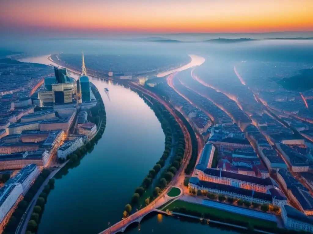 Vienna: arquitectura histórica y moderna a orillas del Danubio Vista aérea de Viena con su arquitectura única y el río Danubio, mostrando la calidad de vida en Viena al atardecer