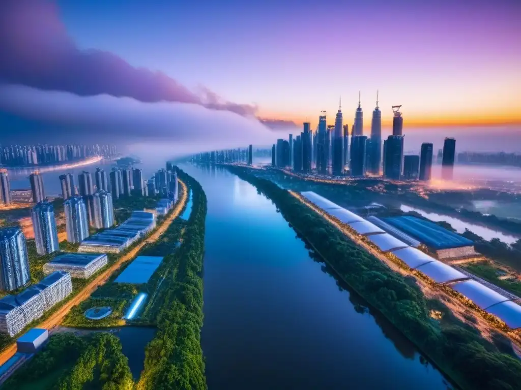 Vista aérea asombrosa de una ciudad futurista al anochecer, con rascacielos y luces LED vibrantes