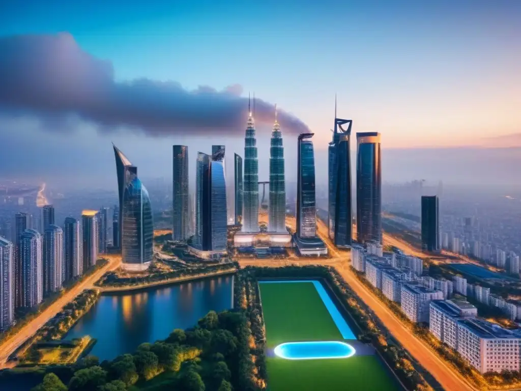 Metrópolis futurista: Renovación del mercado inmobiliario posCOVID Vista aérea asombrosa de ciudad futurista con rascacielos y espacios verdes, simbolizando el Mercado inmobiliario internacional postCOVID