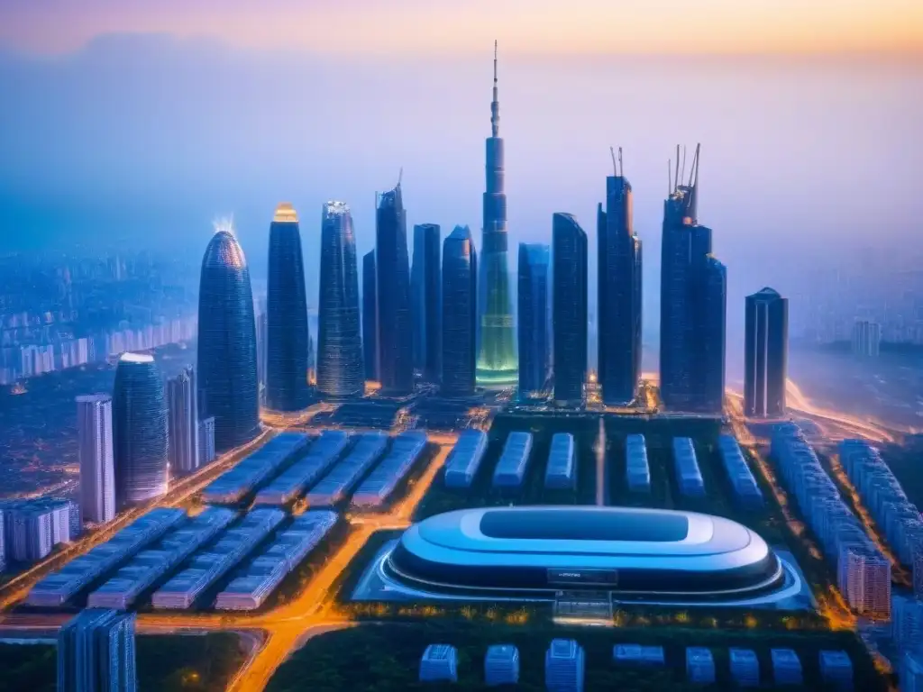 Visión aérea impactante de una ciudad inteligente futurista al anochecer Vista aérea asombrosa de una ciudad inteligente futurista al anochecer, con tecnologías IoT en mercado inmobiliario internacional
