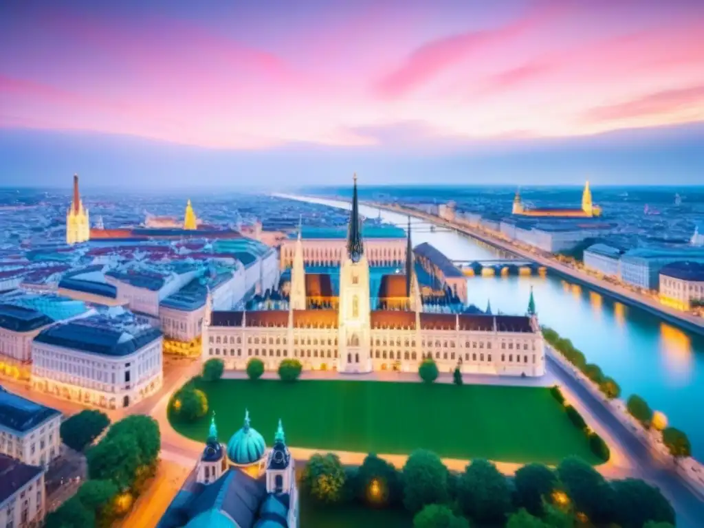 Espléndida vista aérea de Viena al atardecer Vista aérea de Viena al atardecer, mezcla arquitectónica entre lo histórico y moderno con el río Danubio y la Catedral de San Esteban destacando en el cielo colorido