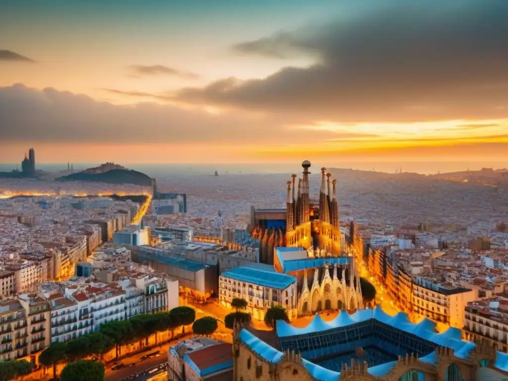 Barcelona al atardecer: skyline y arquitectura icónica Vista aérea de Barcelona al atardecer, resaltando su arquitectura icónica y el mar Mediterráneo