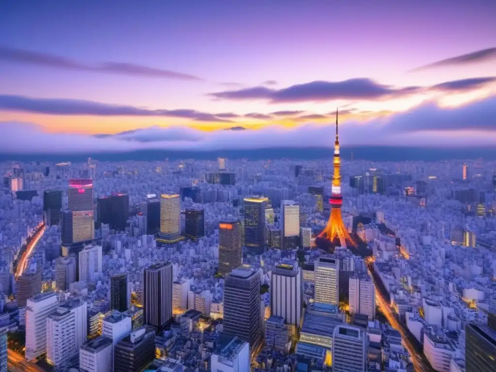 Tokyo al atardecer: fusión arquitectónica entre tradición y modernidad Vista aérea de Tokio al atardecer, mezcla de arquitectura tradicional y rascacielos modernos