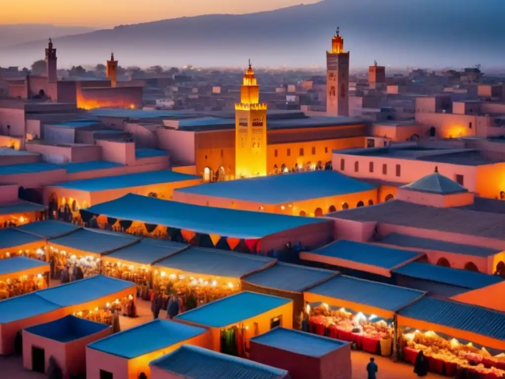 Cityscape de Marrakech al atardecer: tradición y modernidad Vista aérea de Marrakech al atardecer, fusionando arquitectura tradicional con rascacielos modernos