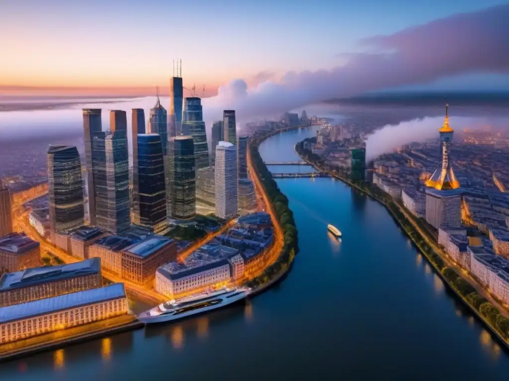 Horizonte urbano al anochecer: fusión de modernidad y tradición Vista aérea al atardecer de una ciudad con modernos rascacielos y edificios históricos, reflejando oportunidades inmobiliarias economías volátiles