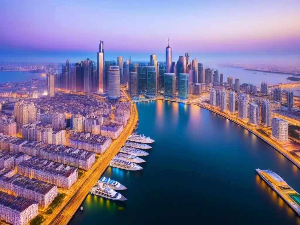 Espectacular ciudad global al anochecer Vista aérea al atardecer de una ciudad vibrante con rascacielos modernos, propiedades lujosas y calles iluminadas