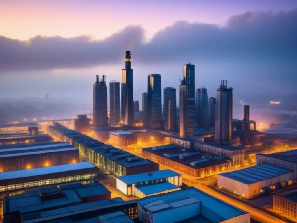 Horizonte urbano: fusión de historia industrial y modernidad nocturna Vista aérea al atardecer de una ciudad postindustrial con la mezcla de antiguas fábricas y modernos rascacielos iluminados