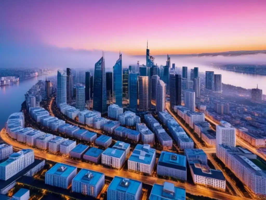 Metáfora visual: luces de la ciudad y atardecer cautivador Vista aérea al atardecer de una ciudad iluminada por rascacielos modernos, reflejando ética en mercado inmobiliario internacional