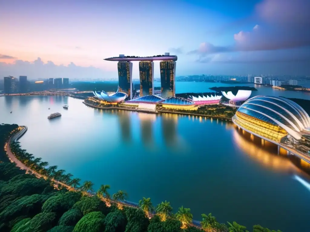 Espectacular skyline de Singapur al anochecer Vista aérea de Singapur al atardecer con Marina Bay Sands y Supertree Grove, reflejando el dinamismo del mercado inmobiliario en Asia