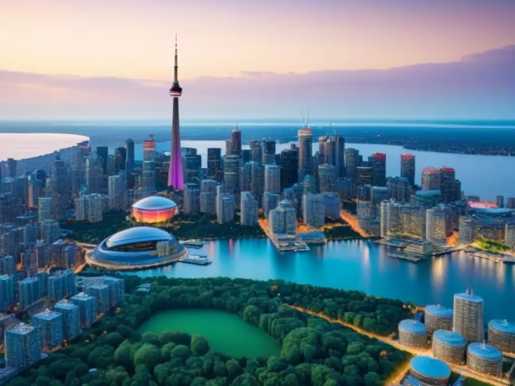 Espléndida vista aérea del skyline de Toronto al anochecer, con la Torre CN destacando entre modernos edificios y áreas verdes, reflejando la próspera economía canadiense Vista aérea de Toronto al atardecer con la CN Tower destacando entre edificios modernos y espacios verdes
