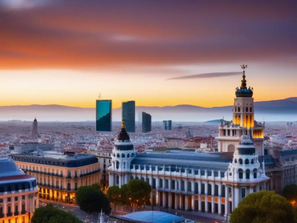 Espectacular vista aérea de Madrid al atardecer Vista aérea de Madrid al atardecer, uniendo historia y modernidad