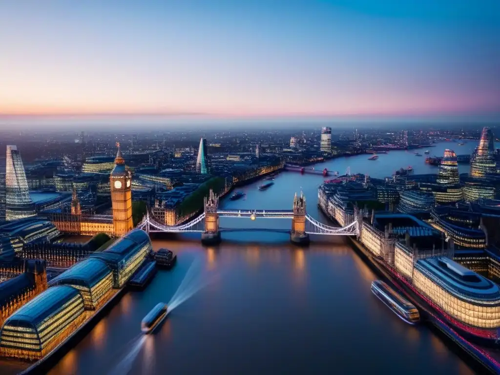 Panorámica épica de Londres al atardecer: luces y arquitectura icónica Vista aérea de Londres al atardecer con sus icónicos monumentos iluminados y el río Támesis, destacando la inversión inmobiliaria en Londres